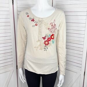 Disney‎ Boutique Hawaiian Bambi Henley Tee Shirt Long Sleeve Cream Medium